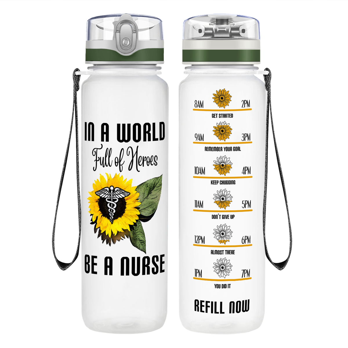 In a World Full of Heroes be a Nurse on 32oz Motivational Tracking Water Bottle