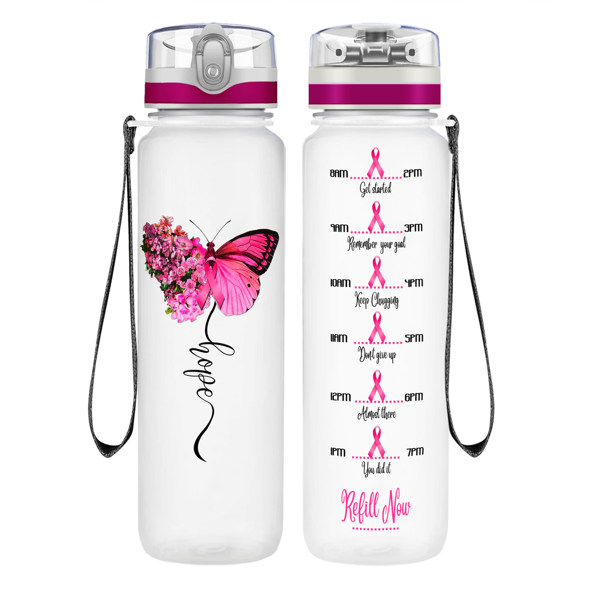 Breast Cancer Hope Butterfly on 32 oz Motivational Tracking Breast Cancer Awareness Water Bottle
