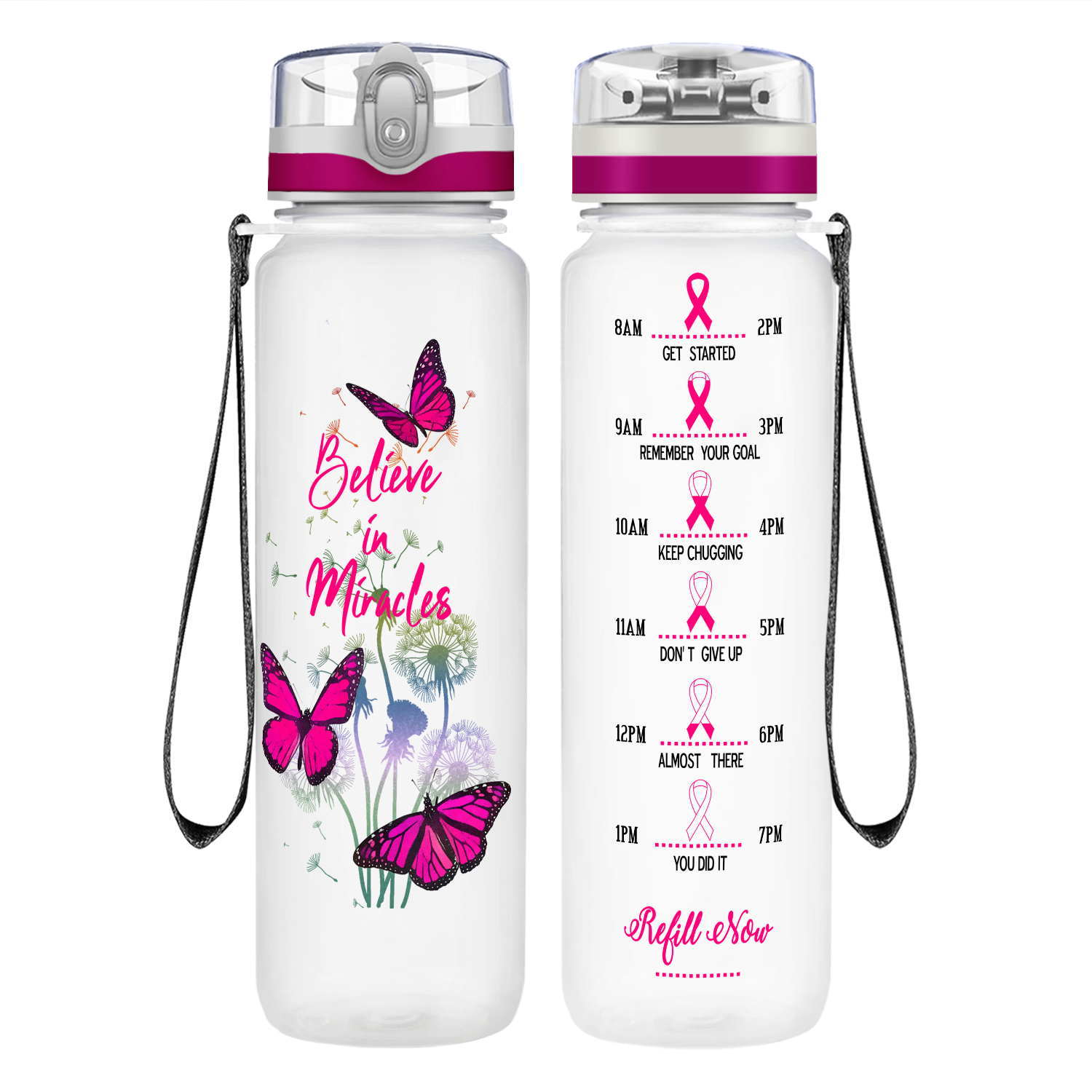 Believe in Miracles on 32 oz Motivational Tracking Breast Cancer Awareness Water Bottle