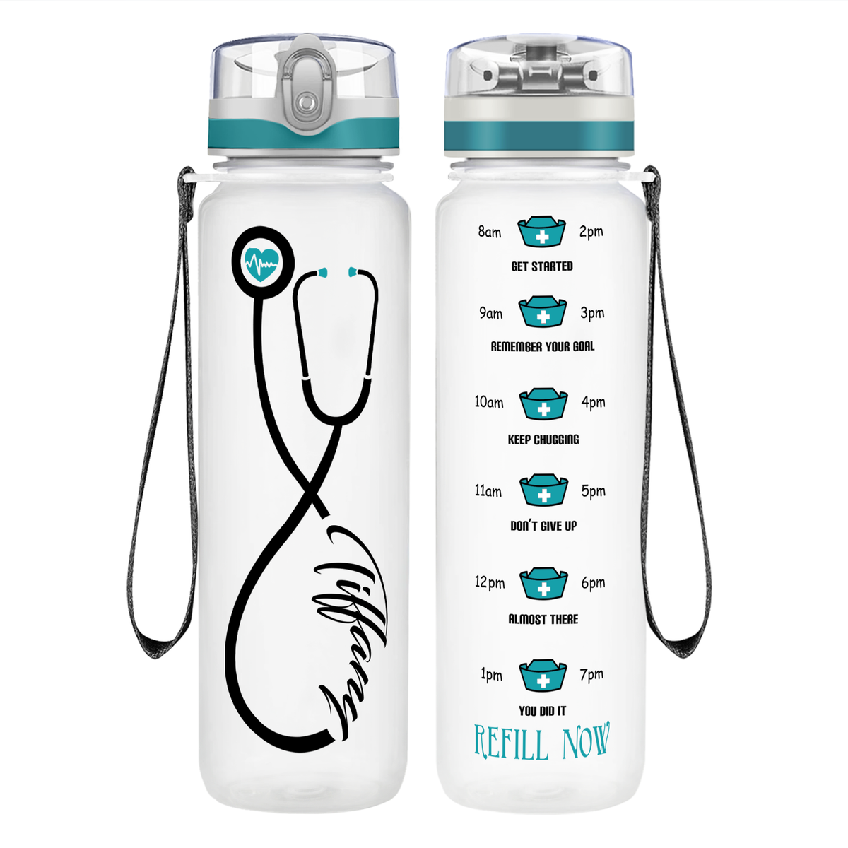 Personalized Nurse Stethoscope Seafoam on 32oz Motivational Tracking Water Bottle