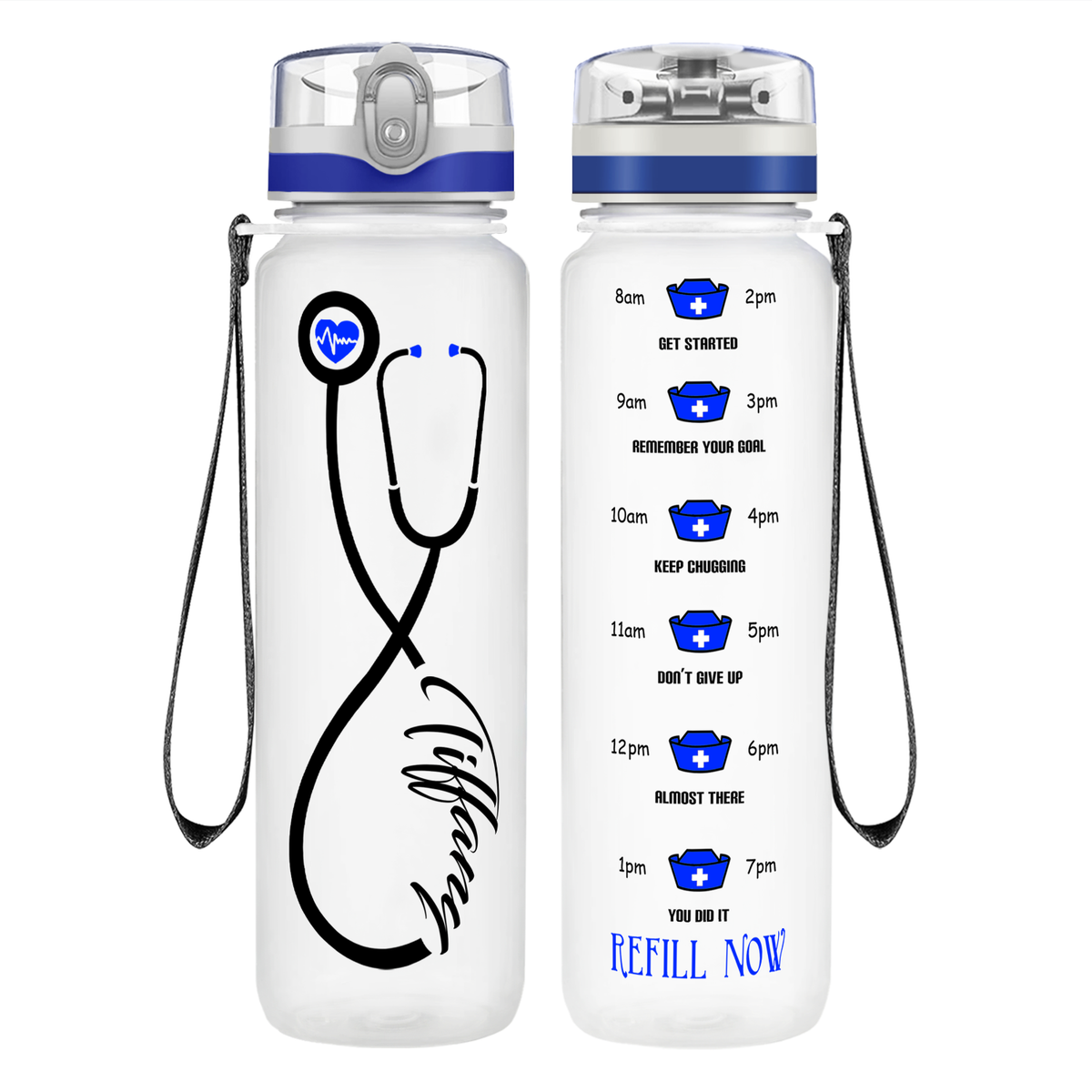 Personalized Nurse Stethoscope Blue on 32oz Motivational Tracking Water Bottle