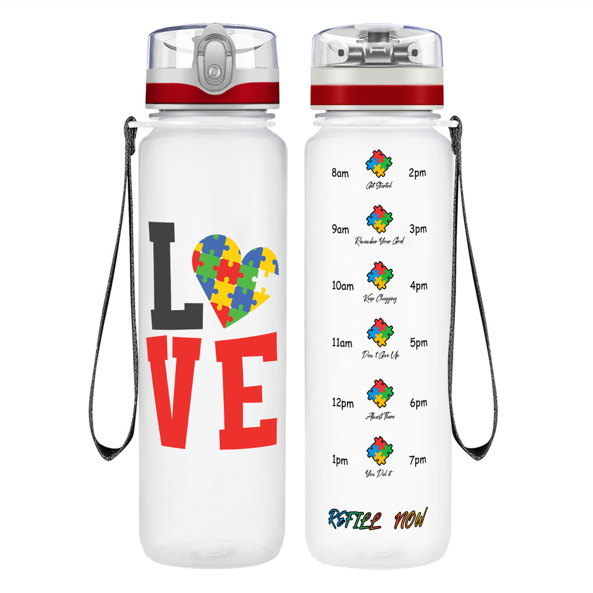 Autism Love on 32 oz Motivational Tracking Water Bottle