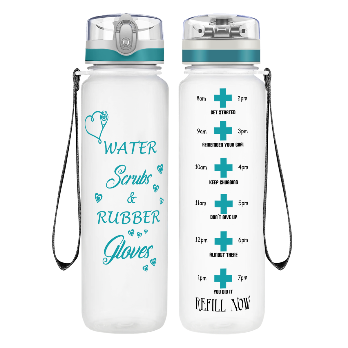 Water Scrubs and Rubber Gloves on 32oz Motivational Tracking Nurse Water Bottle