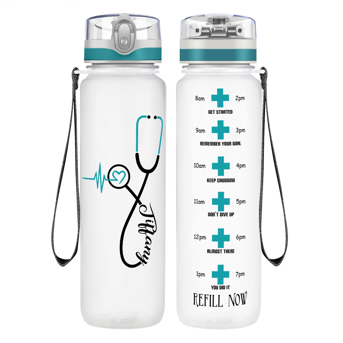 Personalized Seafoam Heart Nursing Stethoscope on 32oz Motivational Tracking Water Bottle