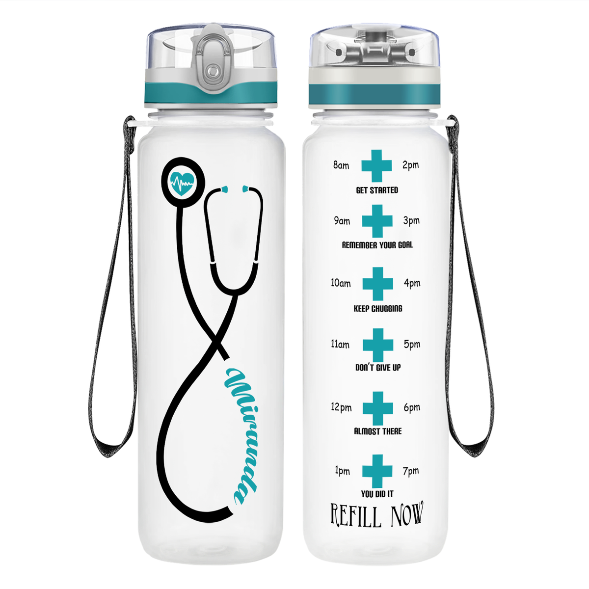 Personalized Heartbeat Nurse Stethoscope on 32oz Motivational Tracking Water Bottle