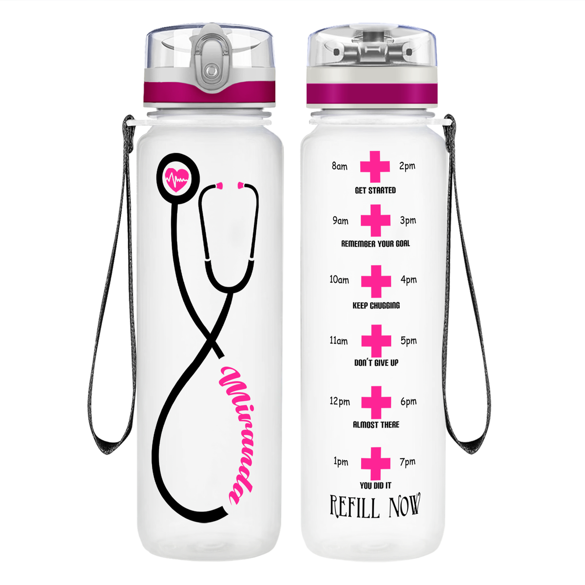 Personalized Heartbeat Nurse Pink Stethoscope on 32oz Motivational Tracking Water Bottle