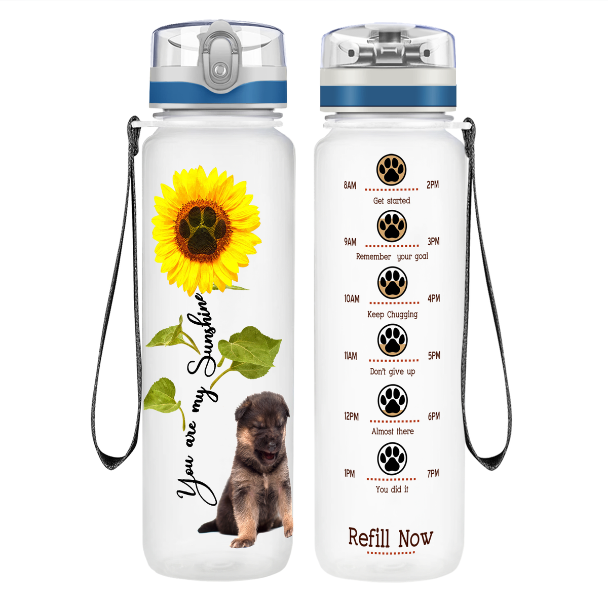 Shepherd Puppy You are my Sunshine on 32 oz Motivational Tracking Water Bottle