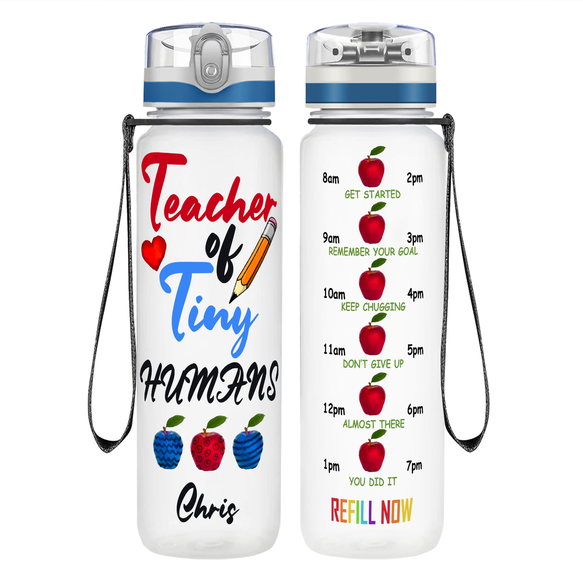 Personalized Teacher of Tiny Humans on 32 oz Motivational Tracking Water Bottle