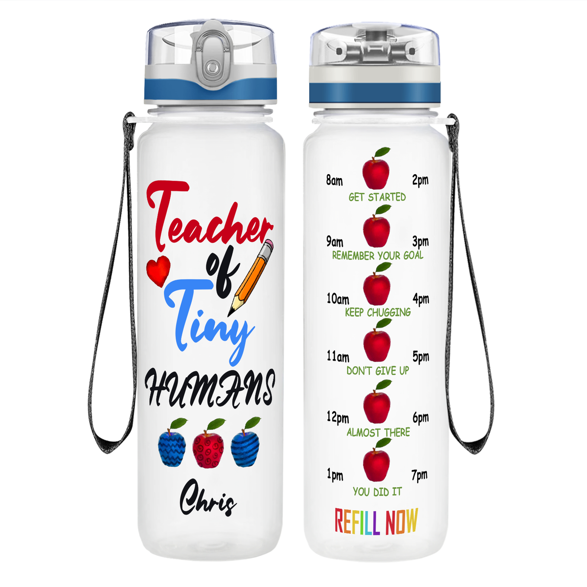 Personalized Teacher of Tiny Humans on 32 oz Motivational Tracking Water Bottle