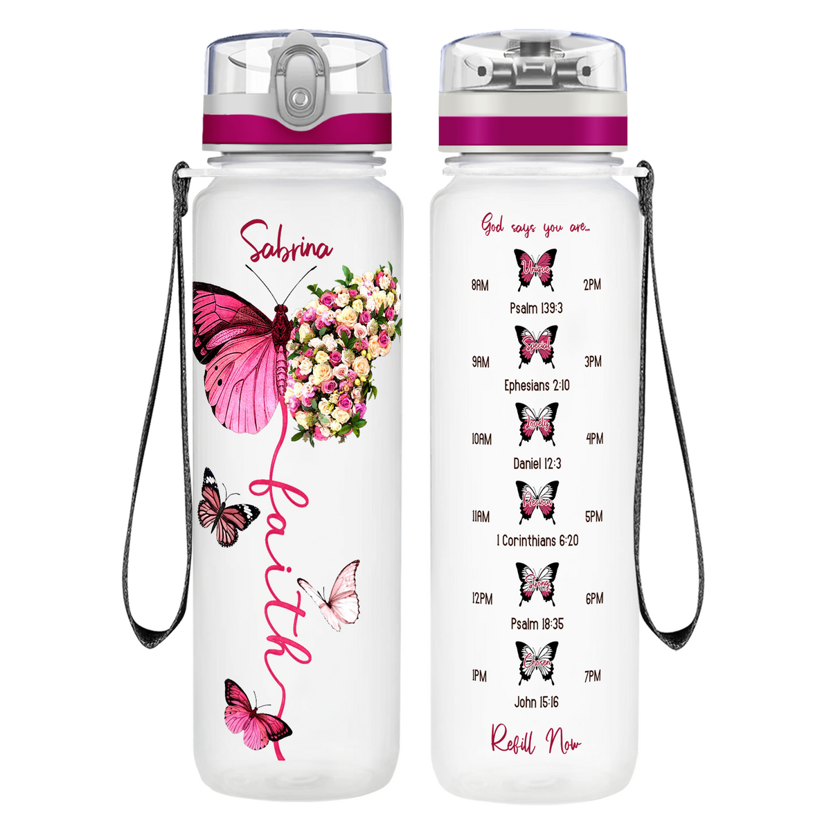 Personalized Faith Inspirational Pink Butterfly on 32 oz Motivational Tracking Water Bottle