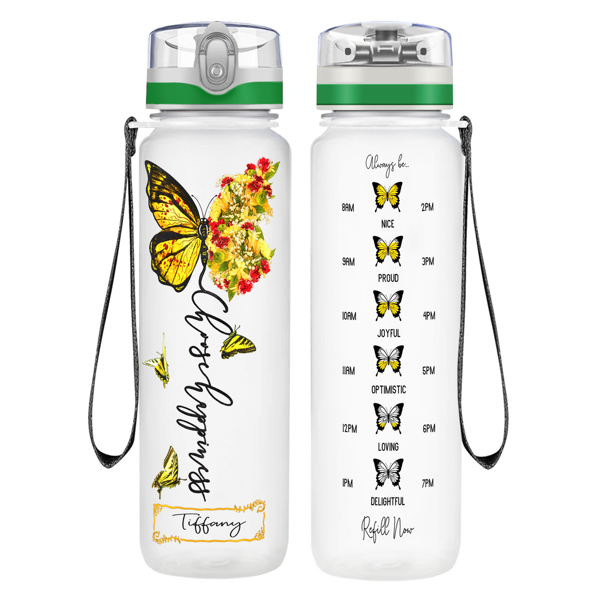 Personalized Choose Happiness Yellow Butterfly on 32 oz Motivational Tracking Water Bottle