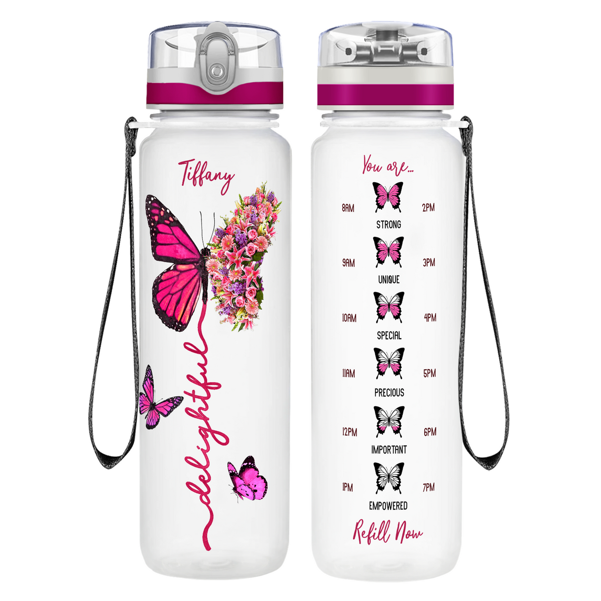 Personalized Delightful Inspirational Pink Butterfly on 32 oz Motivational Tracking Water Bottle