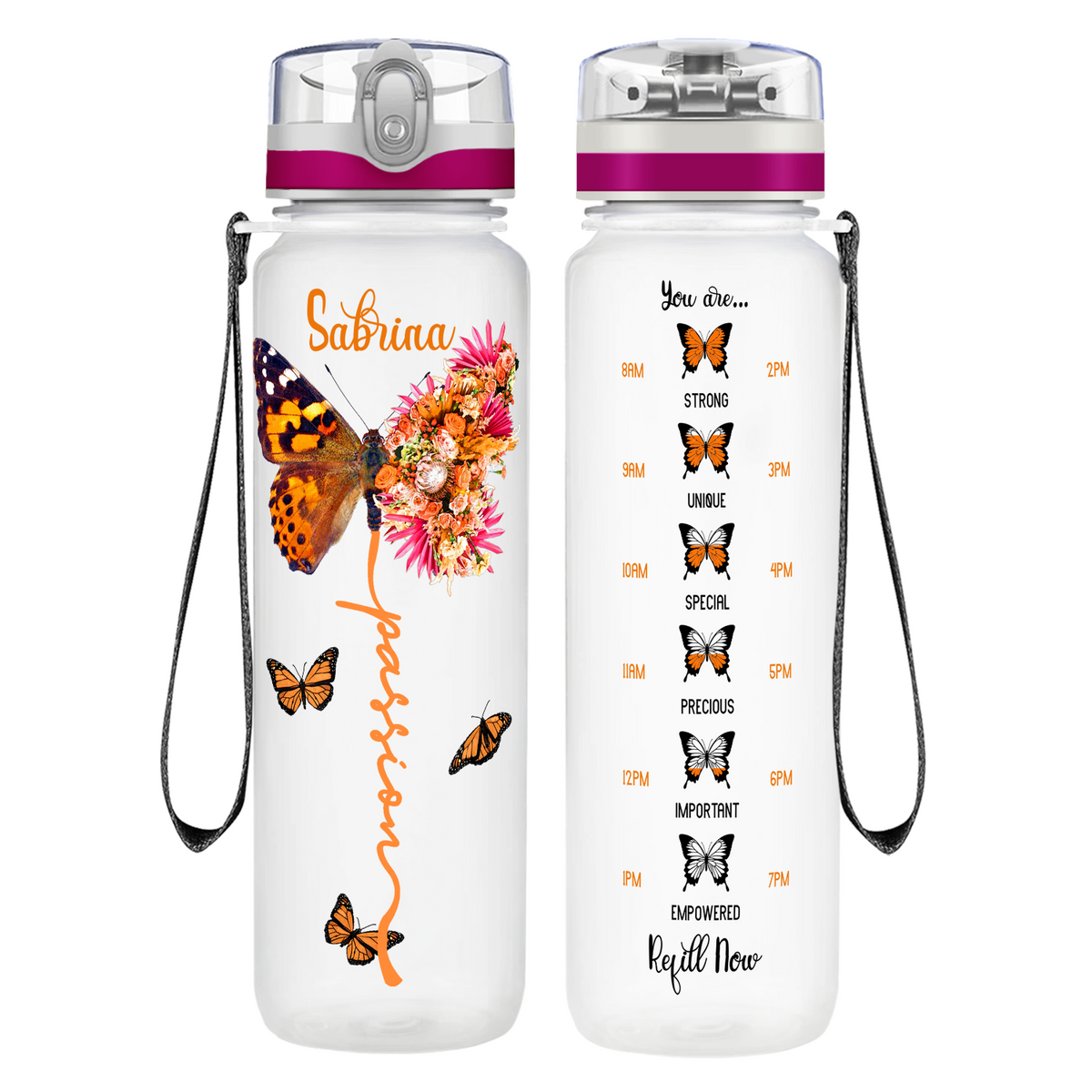 Personalized Passion Inspirational Peach Butterfly on 32 oz Motivational Tracking Water Bottle