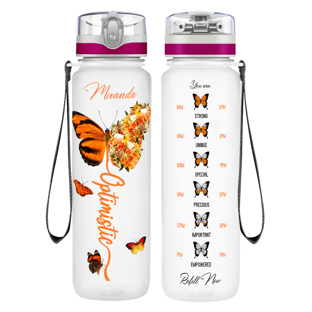 Personalized Optimistic Inspirational Orange Butterfly on 32 oz Motivational Tracking Water Bottle
