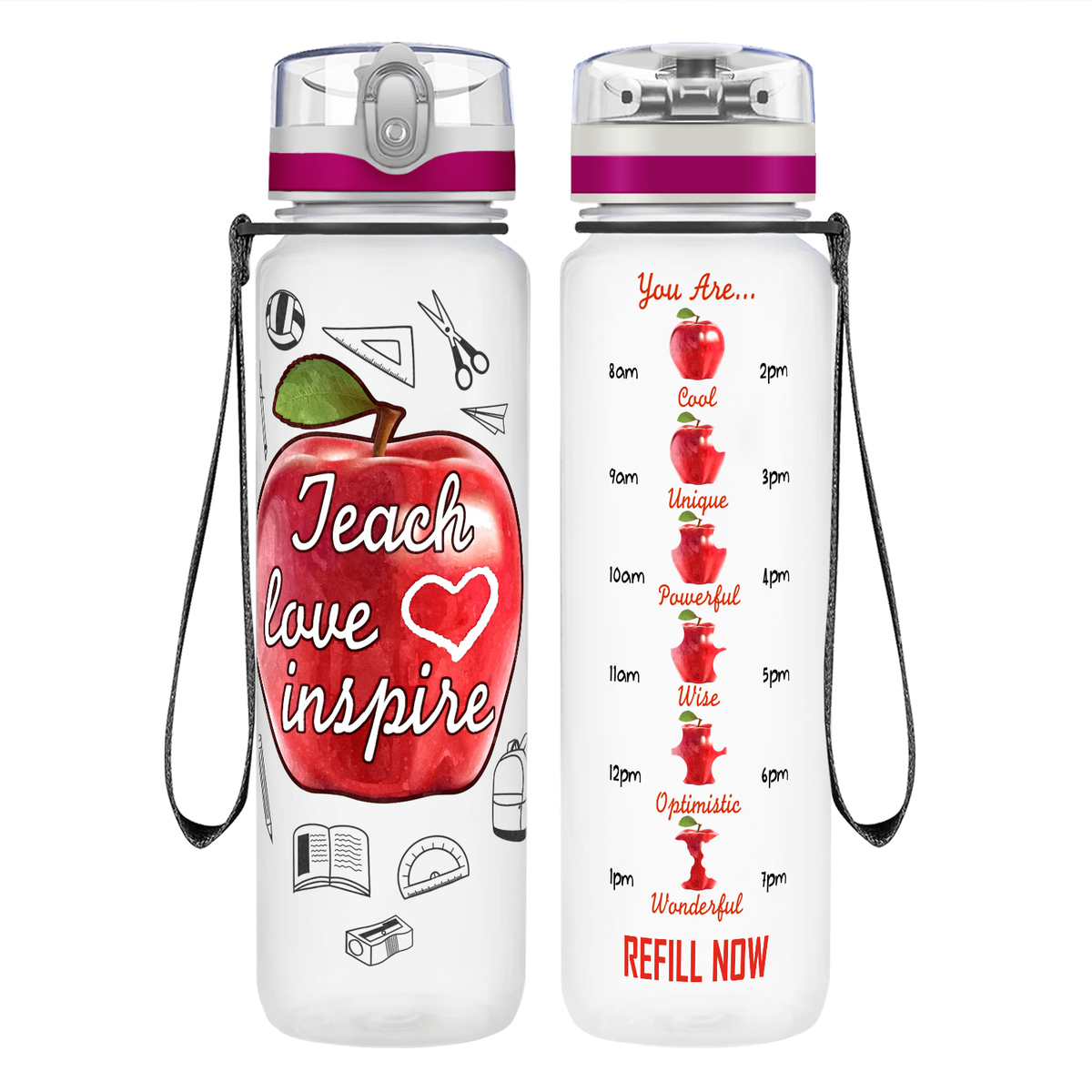 Teach Love Inspire Apple on 32 oz Motivational Tracking Water Bottle