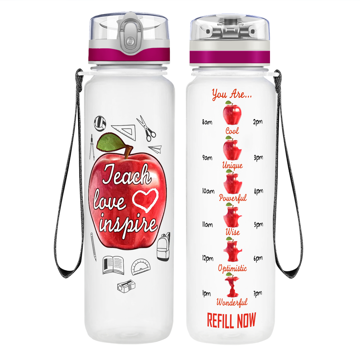 Teach Love Inspire Apple on 32 oz Motivational Tracking Water Bottle