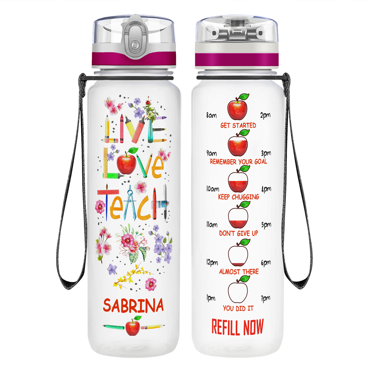 Personalized Live Love Teach on 32 oz Motivational Tracking Water Bottle