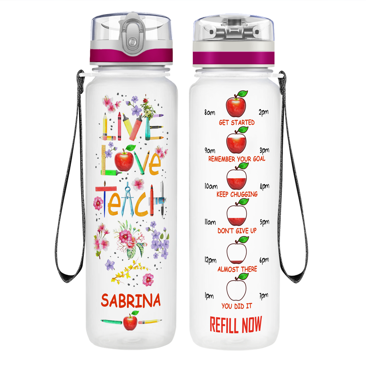 Personalized Live Love Teach on 32 oz Motivational Tracking Water Bottle
