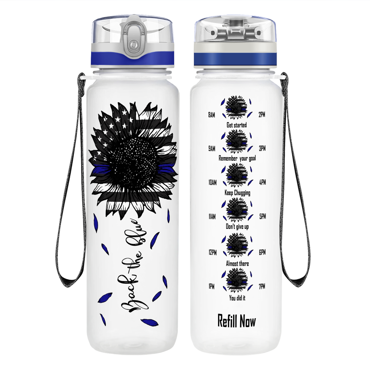 Thin Blue Line Sunflower on 32 oz Motivational Tracking Water Bottle
