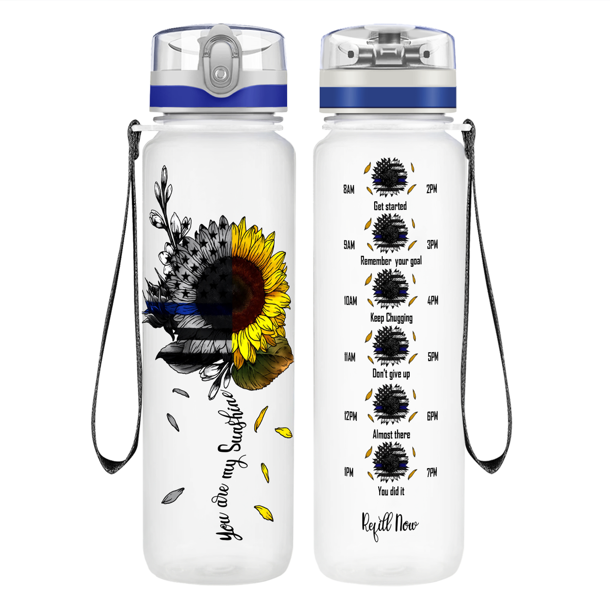 You are my Sunshine Thin Blue Line Sunflower on 32 oz Motivational Tracking Water Bottle
