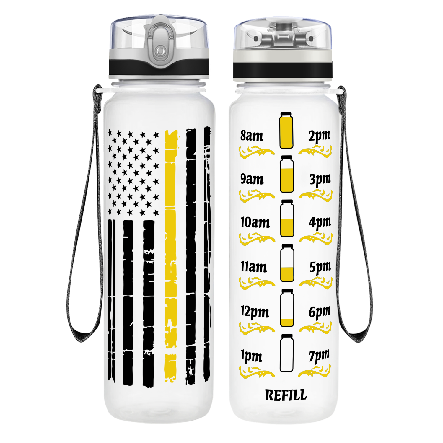 Distressed Thin Gold Line Flag on 32 oz Motivational Tracking Water Bottle