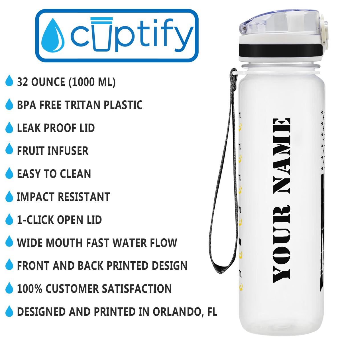 Personalized Distressed Thin Gold Line Flag on 32 oz Motivational Tracking Water Bottle