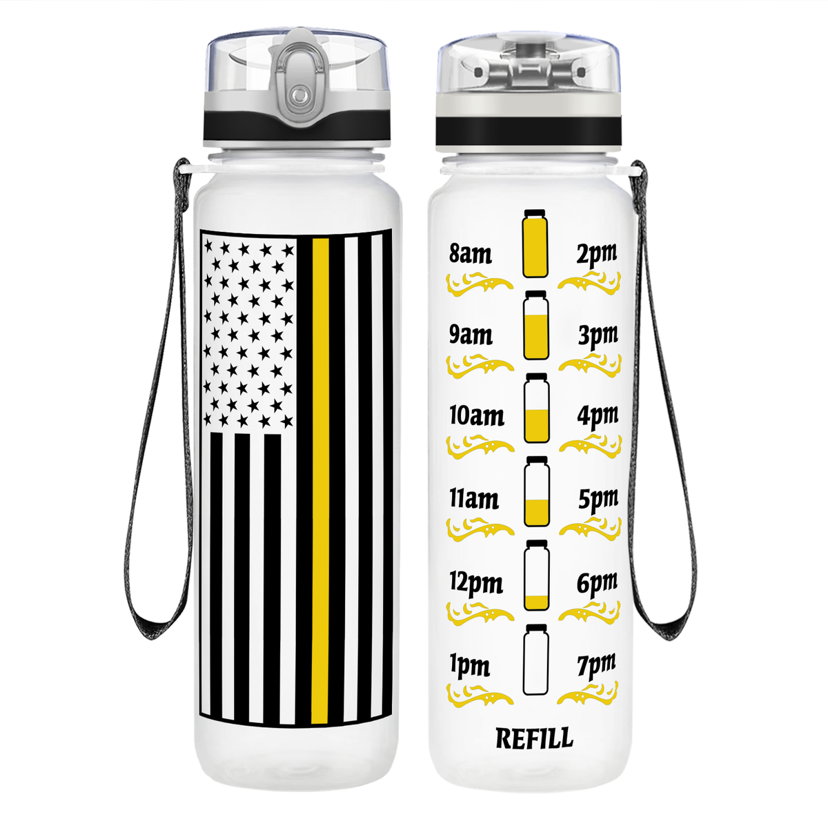 Thin Gold Line Dispatcher Flag on 32 oz Motivational Tracking Water Bottle