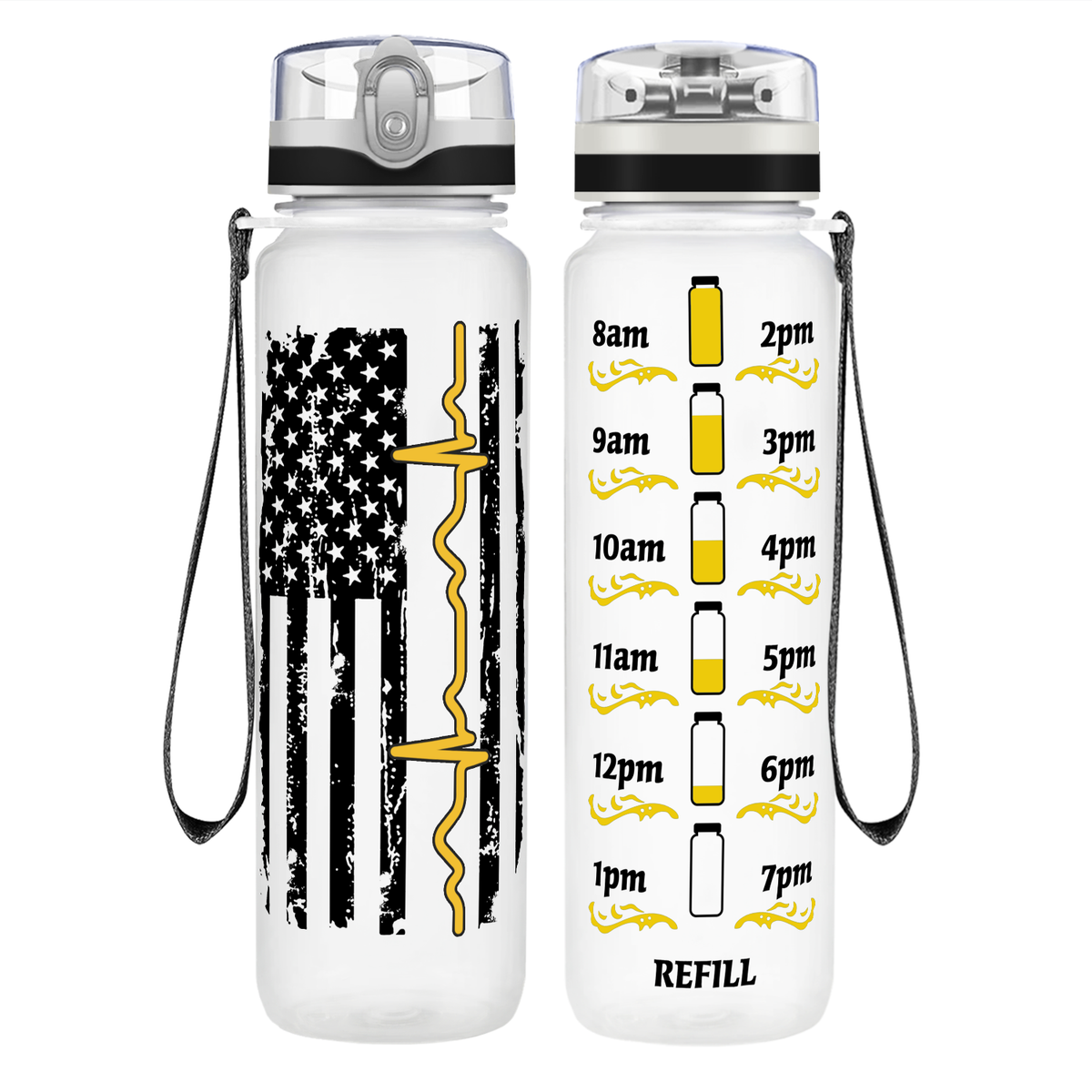 Distressed Pulse Thin Gold Line Flag on 32 oz Motivational Tracking Water Bottle