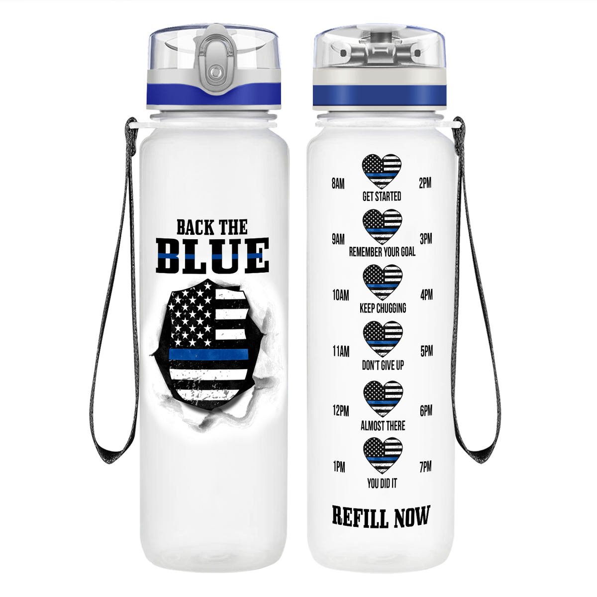 Back the Blue on 32 oz Motivational Tracking Water Bottle