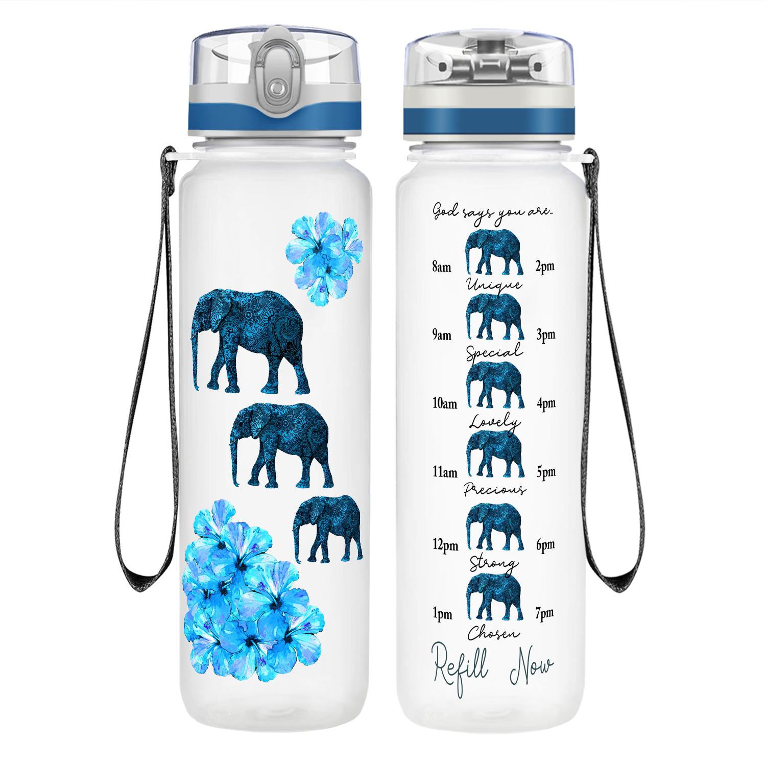 Blue Elephants on 32 oz Motivational Tracking Water Bottle