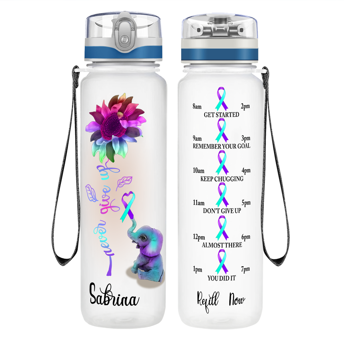 Personalized Never Give Up Elephant on 32 oz Motivational Tracking Water Bottle