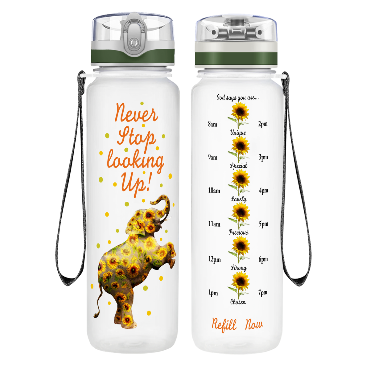 Never Stop Looking Up on 32 oz Motivational Tracking Water Bottle