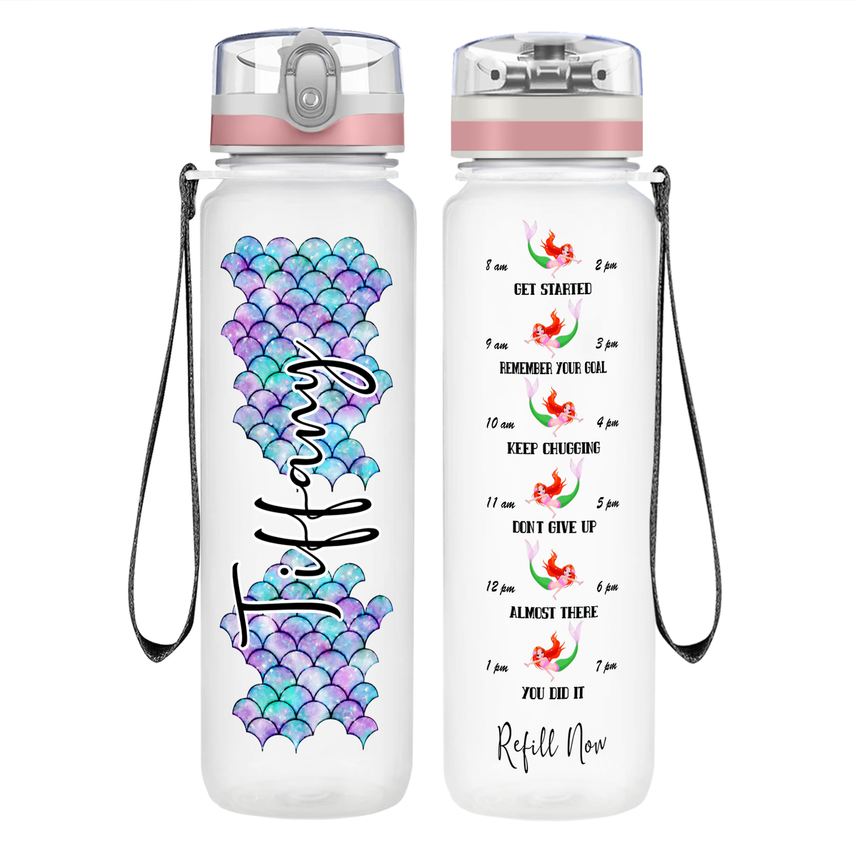 Personalized Mermaid Scales on 32 oz Motivational Tracking Water Bottle