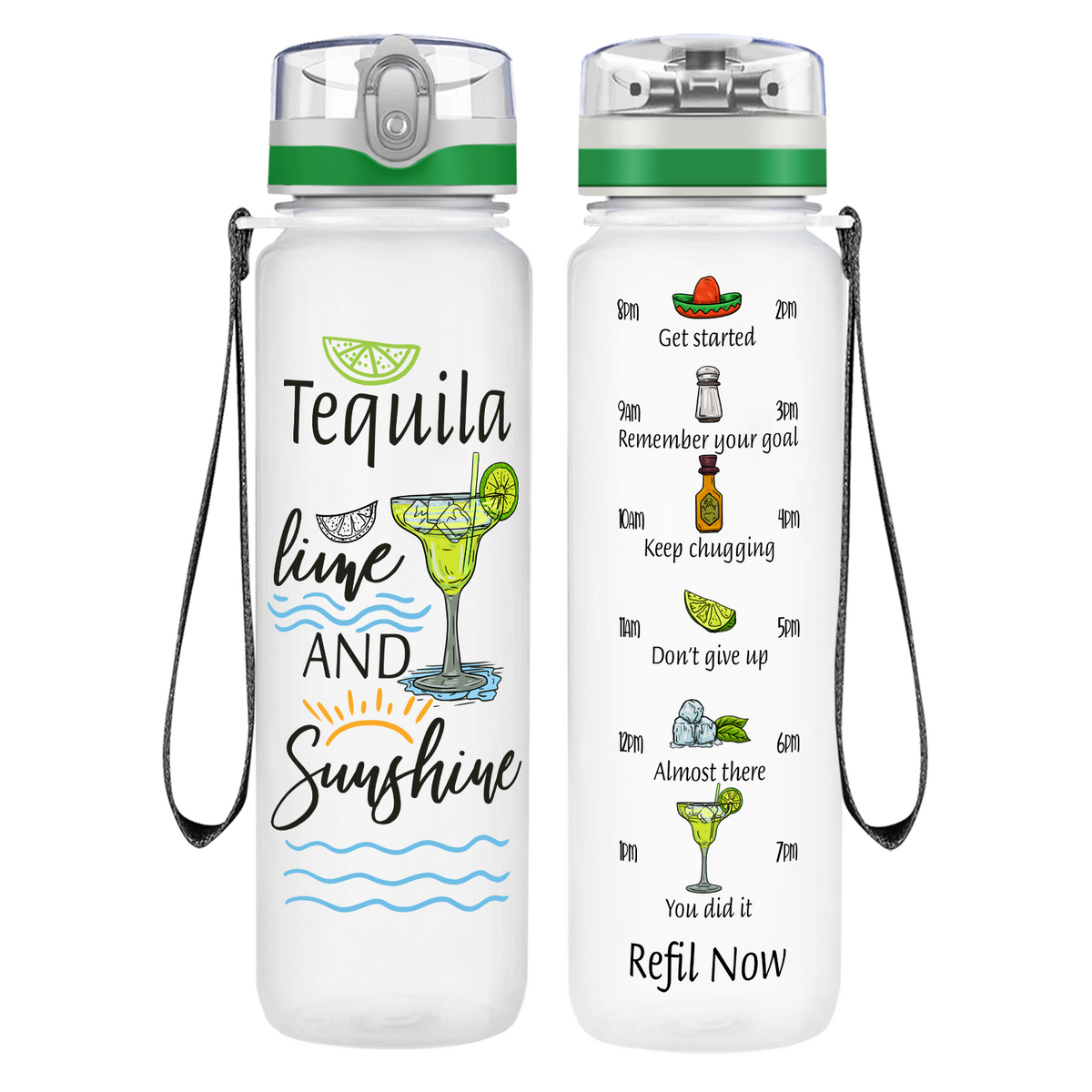 Tequila Lime and Sunshine on 32 oz Motivational Tracking Water Bottle