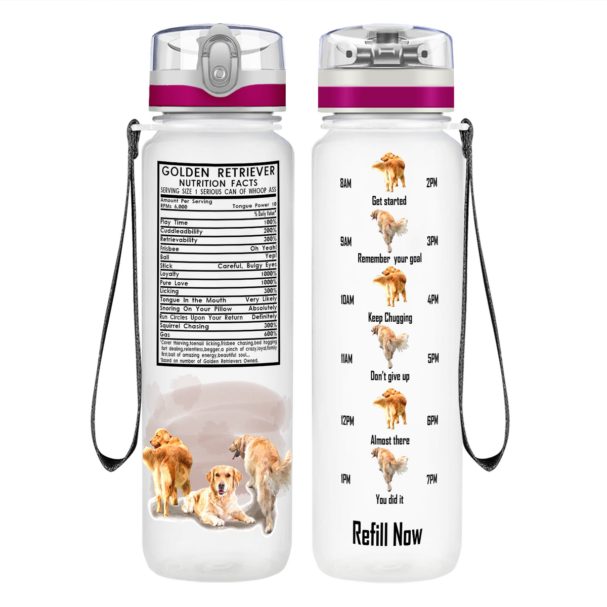 Golden Retriever Nutrition Facts on 32 oz Motivational Tracking Water Bottle