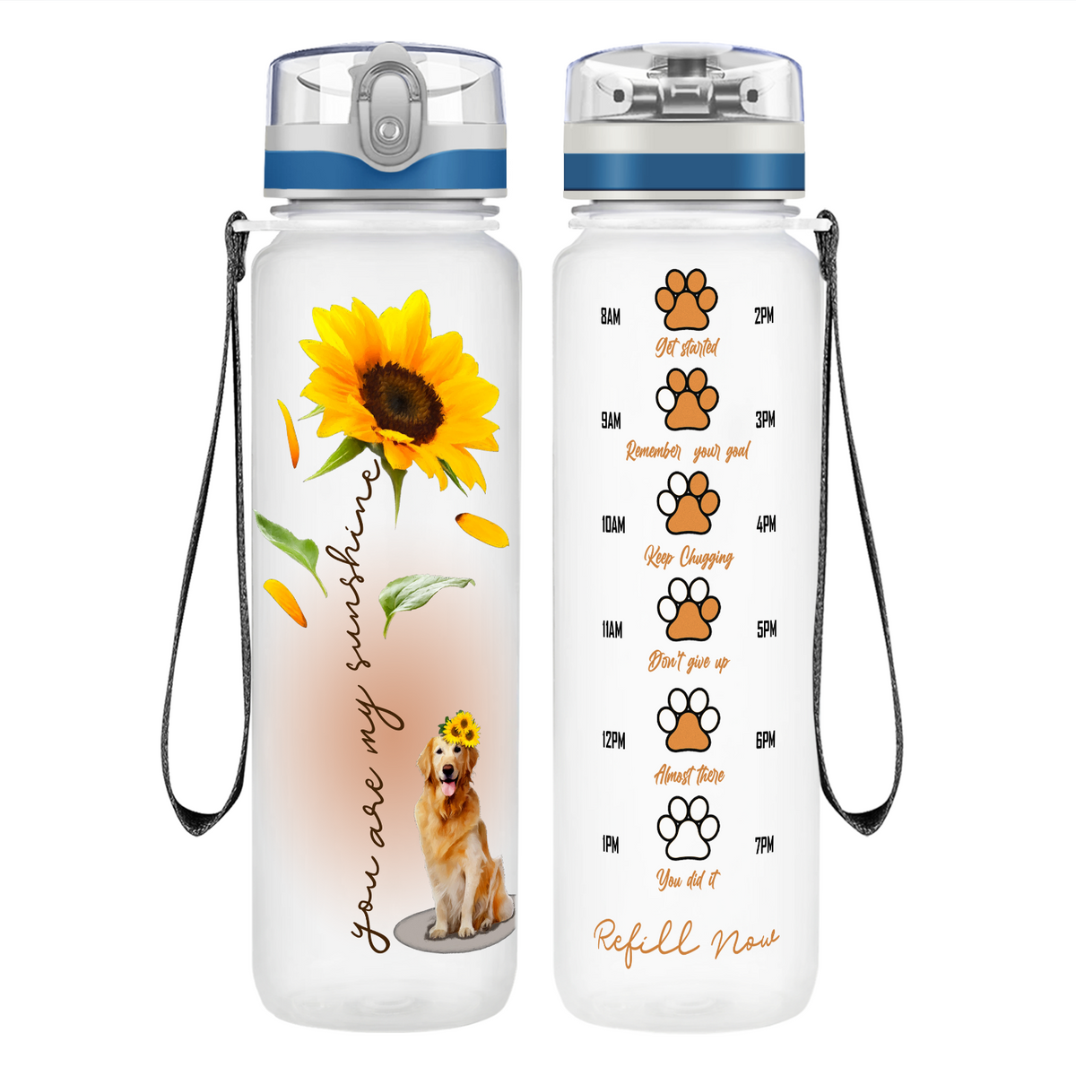 You Are My Sunshine Golden Retriever Sunflower on 32 oz Motivational Tracking Water Bottle