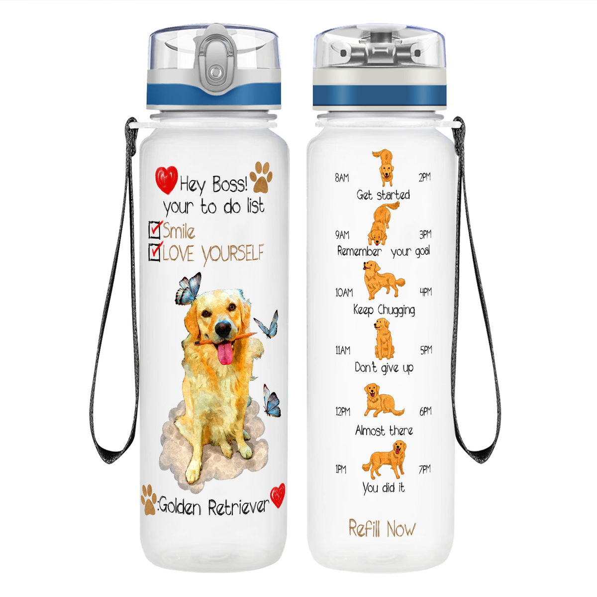 Hey Boss! Your To Do List Golden Retriever on 32 oz Motivational Tracking Water Bottle