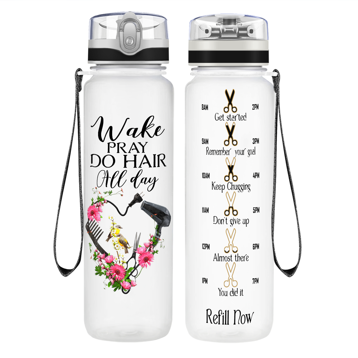 Wake Pray Do Hair All Day on 32 oz Motivational Tracking Water Bottle