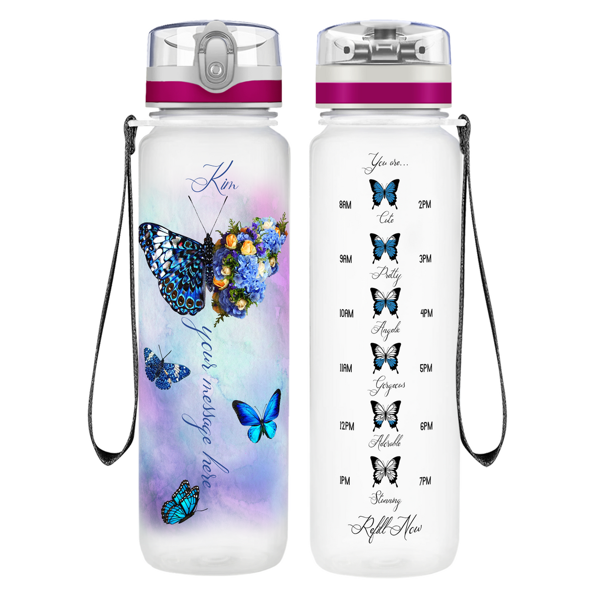 Personalized Butterflies with Name and Custom Message on 32 oz Motivational Tracking Water Bottle