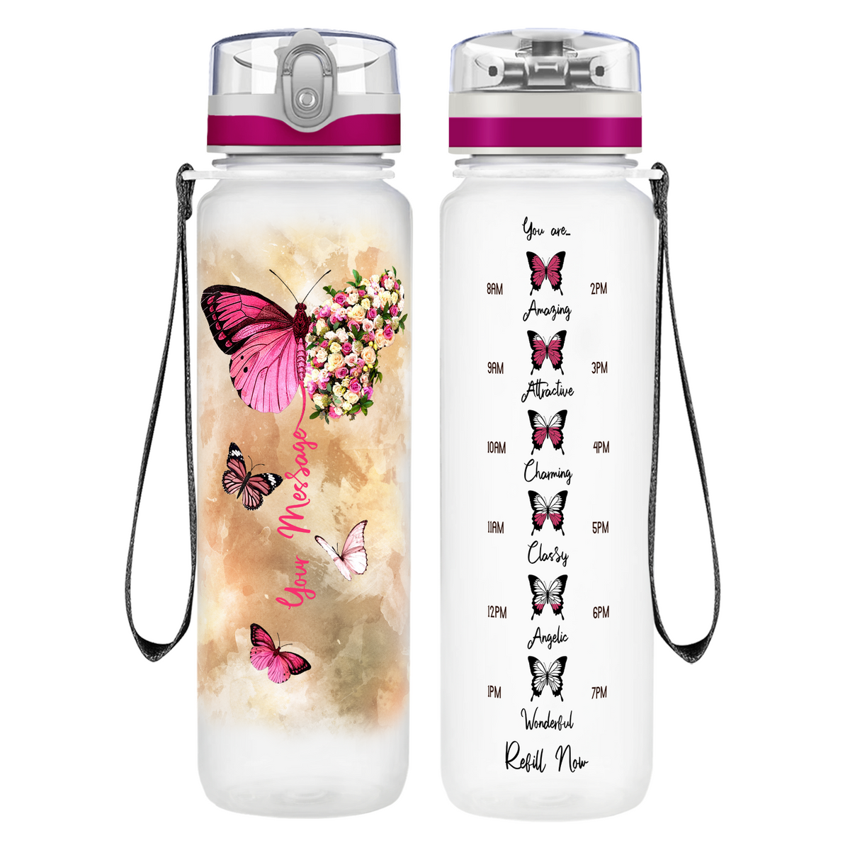 Personalized Butterflies Custom Message on 32 oz Motivational Tracking Water Bottle