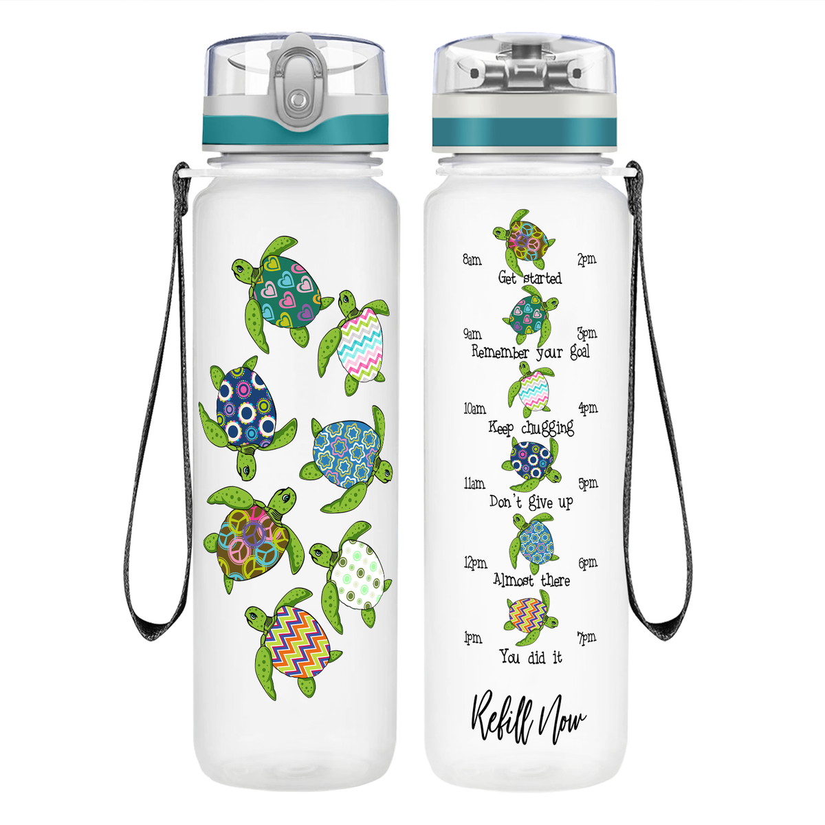 Colorful Turtles on 32 oz Motivational Tracking Water Bottle