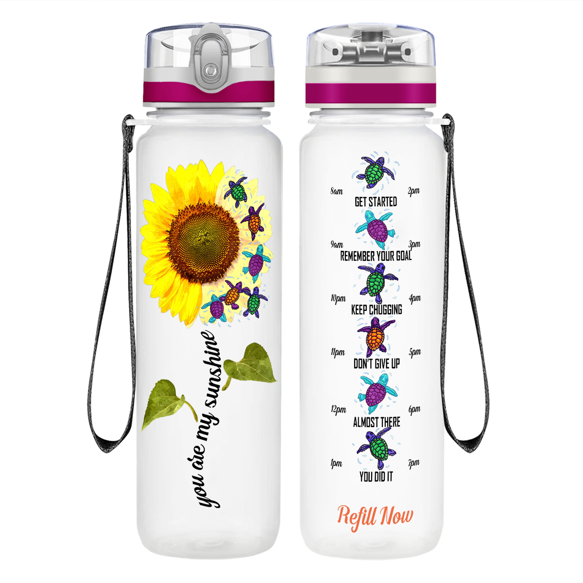 Turtles You Are My Sunshine Sunflower on 32 oz Motivational Tracking Water Bottle