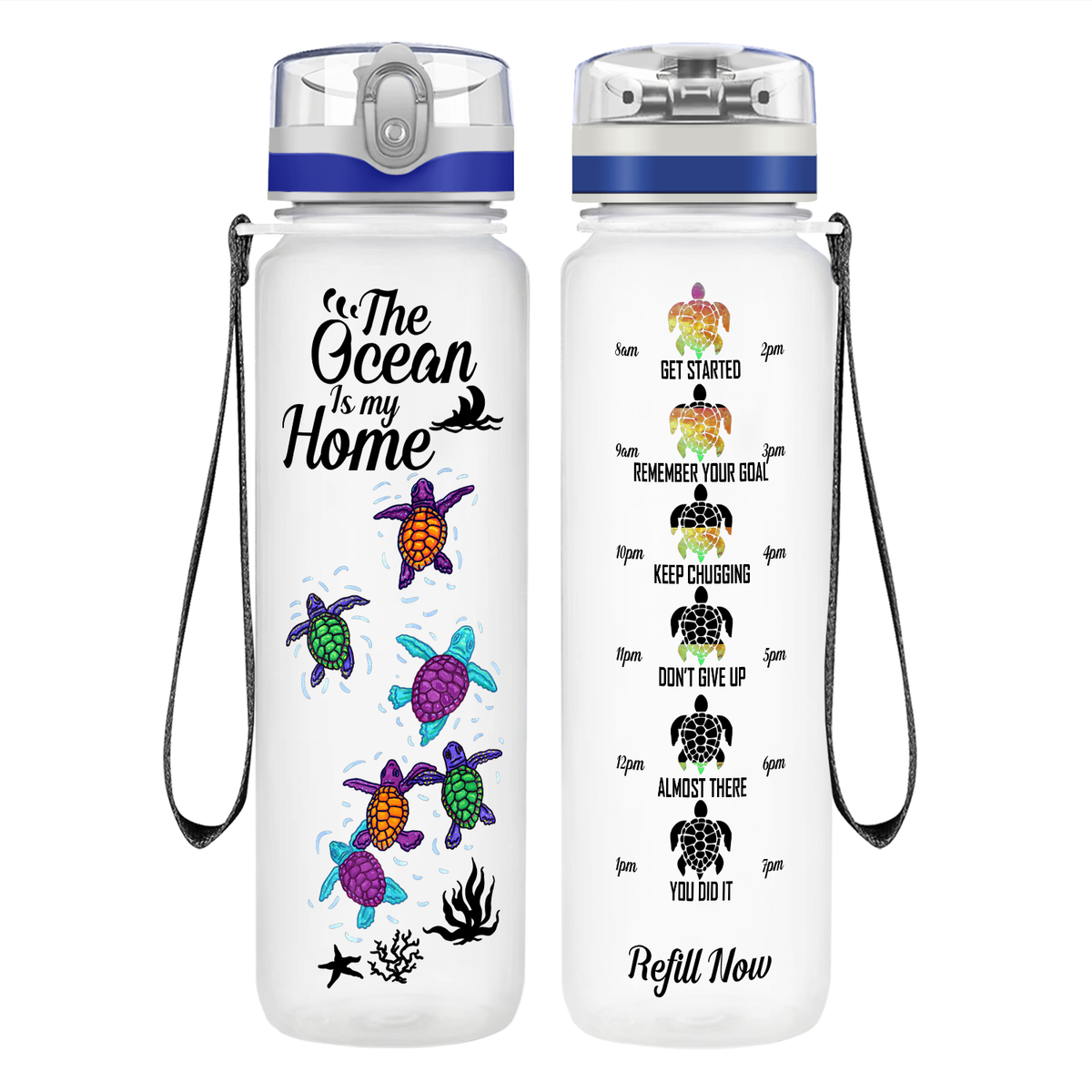 The Ocean Is My Home Turtles on 32 oz Motivational Tracking Water Bottle