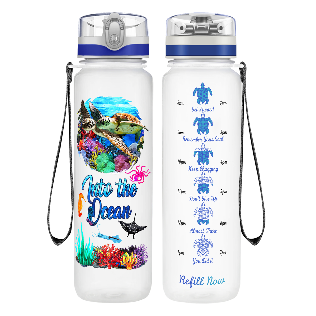 Turtles Into The Ocean on 32 oz Motivational Tracking Water Bottle