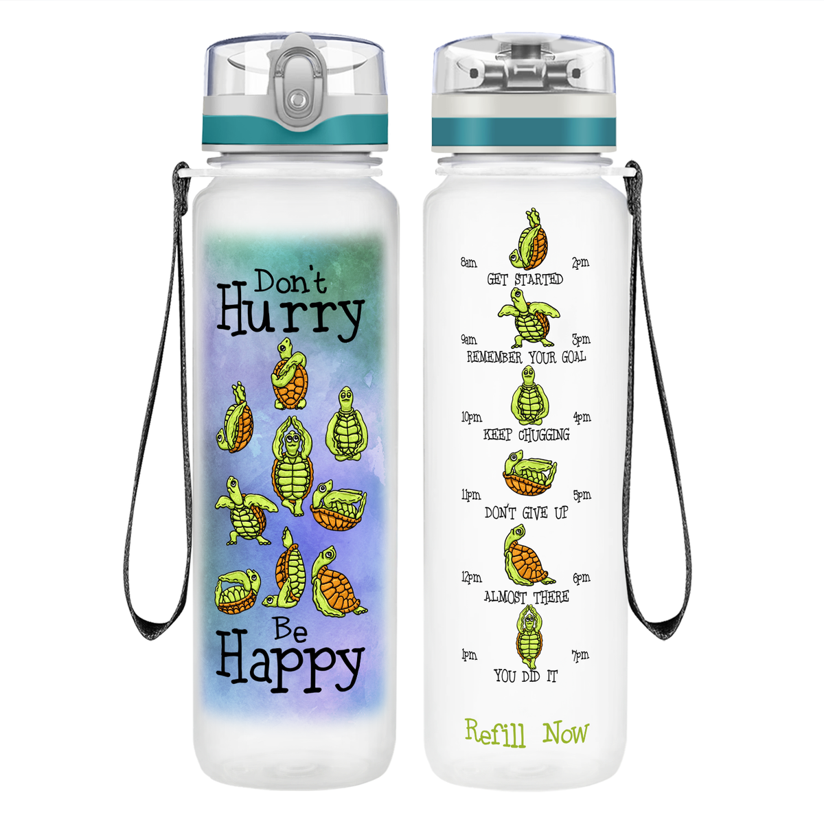 Don't Hurry Be Happy on 32 oz Motivational Tracking Water Bottle