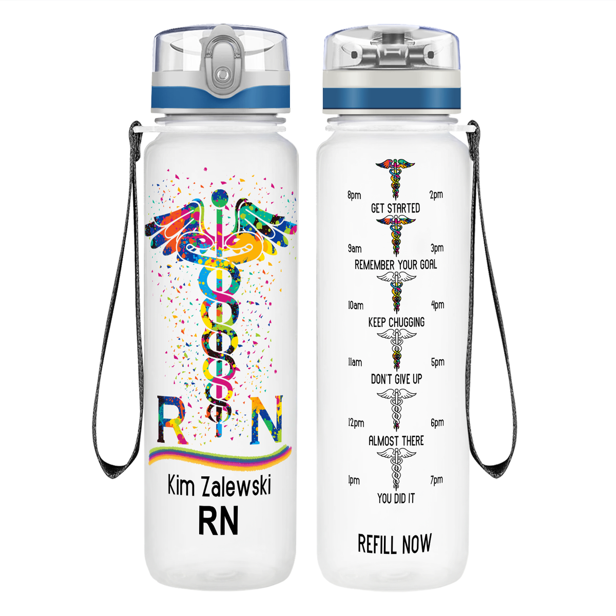 Personalized RN Caduceus Rainbow on 32oz Motivational Nurse Water Bottle