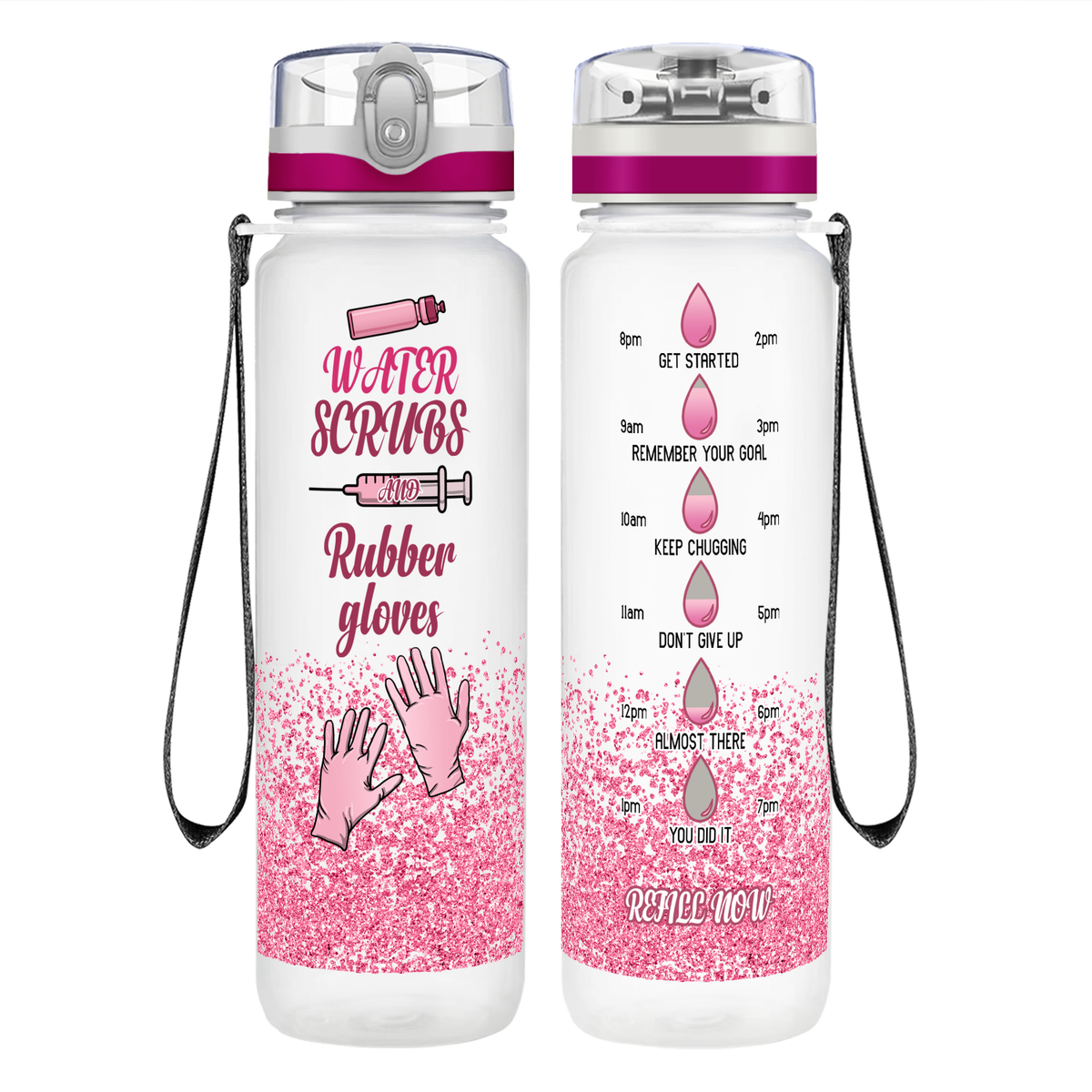 Pink Water Scrubs and Rubber Gloves on 32oz Motivational Tracking Nurse Water Bottle