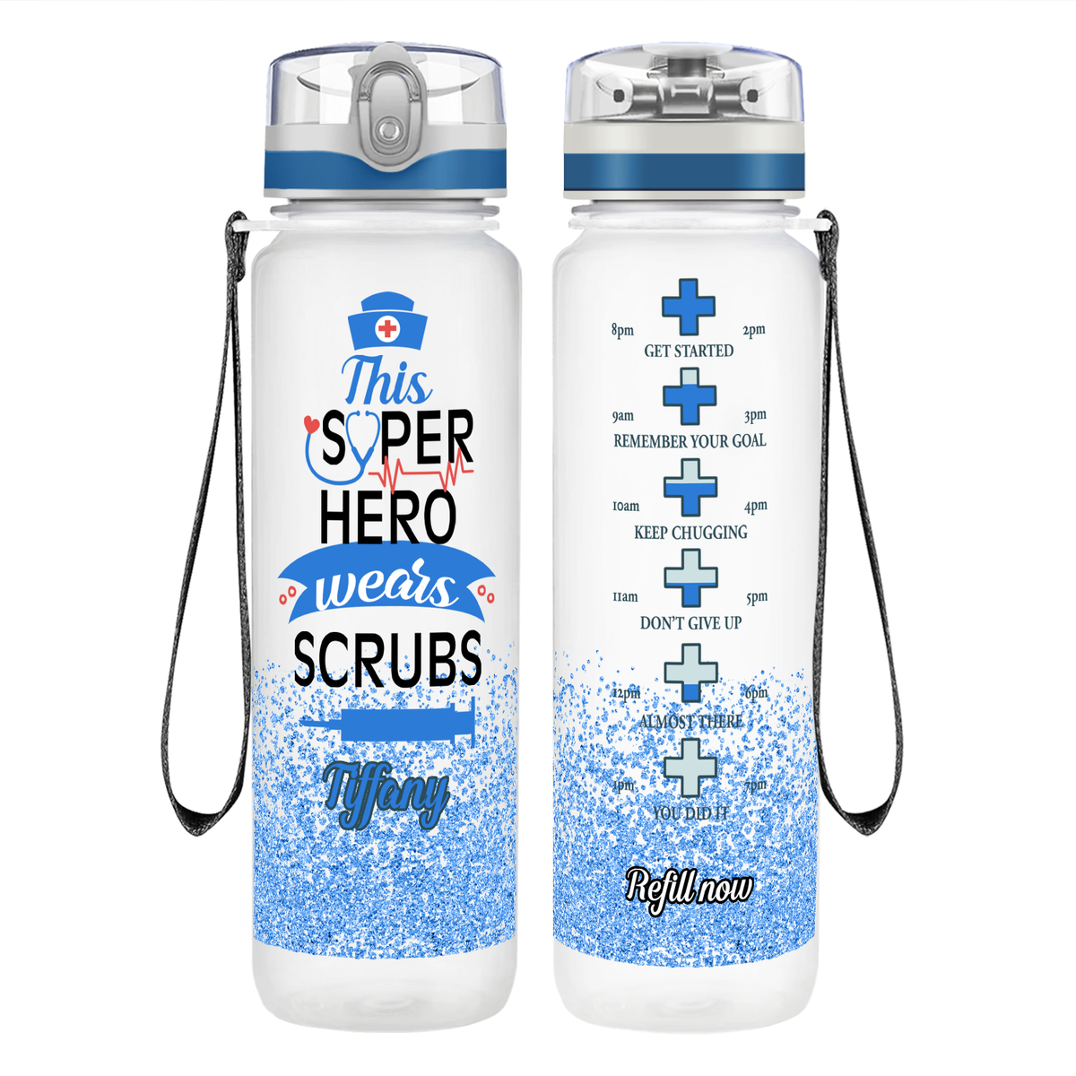 Personalized This Superhero Wears Scrubs on 32oz Motivational Tracking Nurse Water Bottle