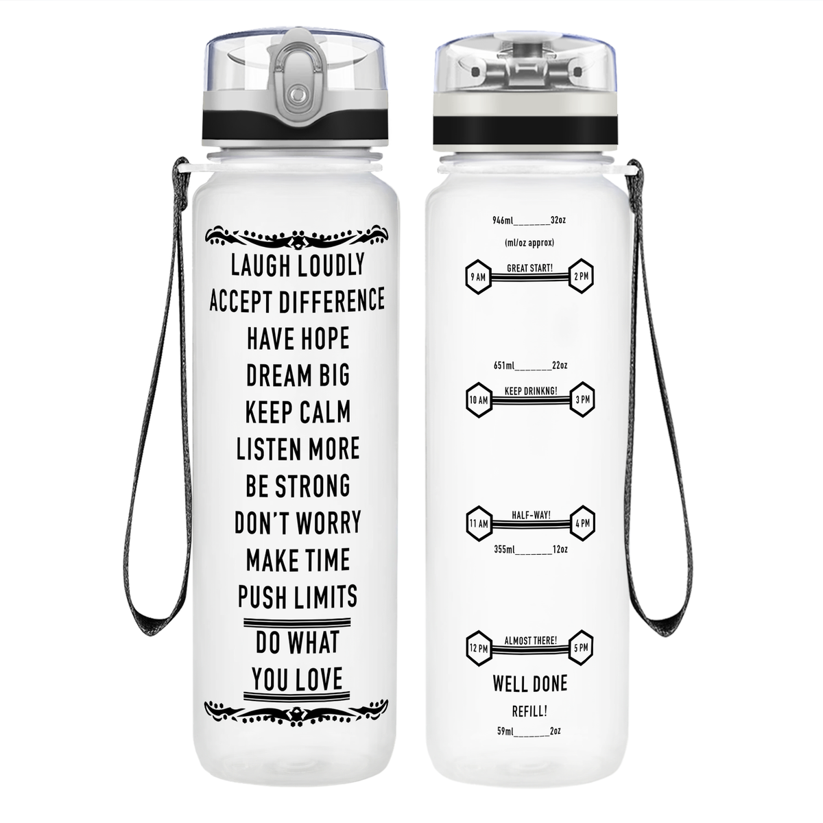Laugh Loudly on 32 oz Motivational Tracking Water Bottle