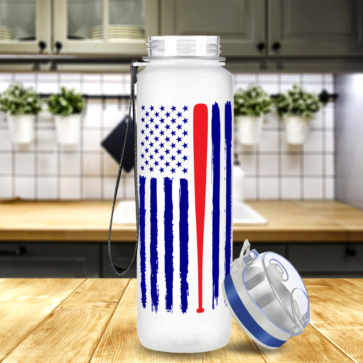 Personalized Distressed Baseball Flag on 32 oz Motivational Tracking Water Bottle